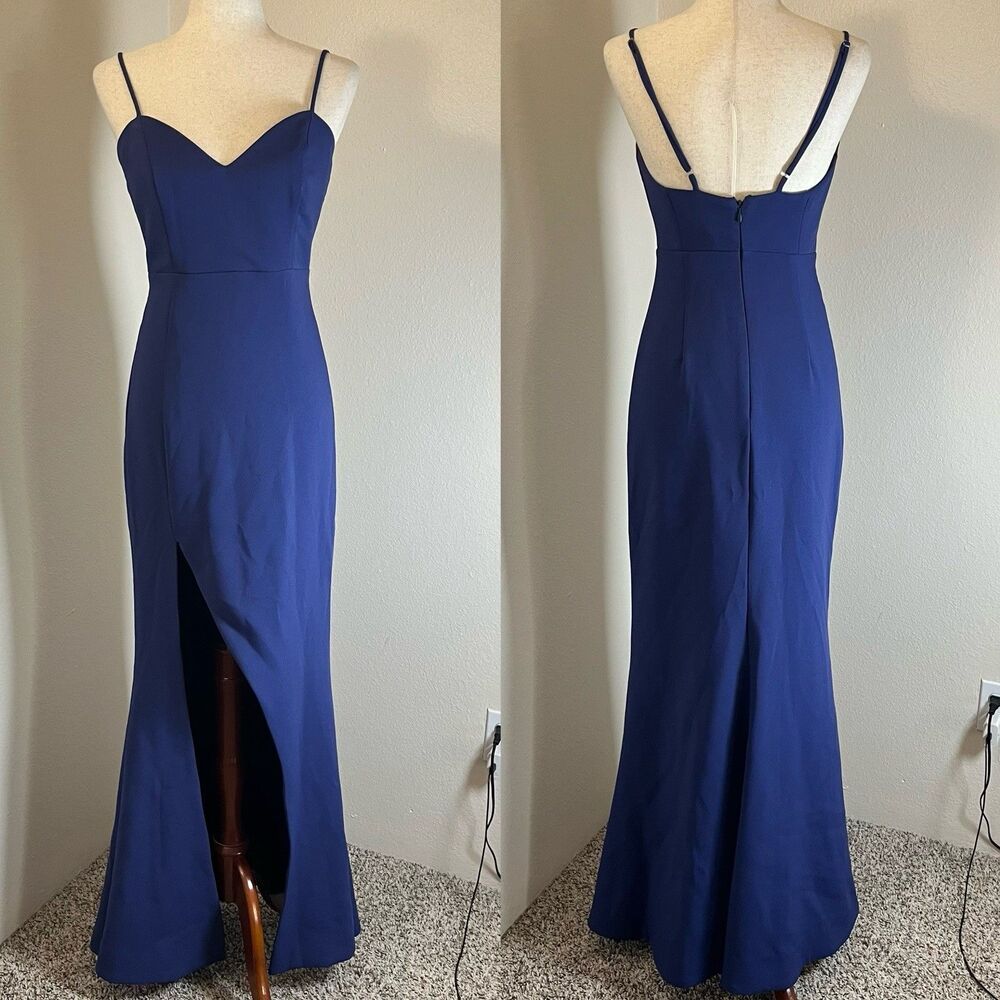 AG Studio Front Slit GOWN DRESS Sz S VTG Y2k Made In USA Blue Spaghetti